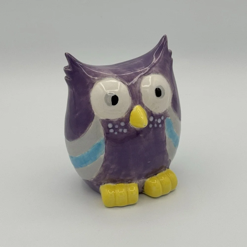 Purple Ceramic Owl Coin Bank Vintage Cute Kawaii Kids Room Decor Pottery